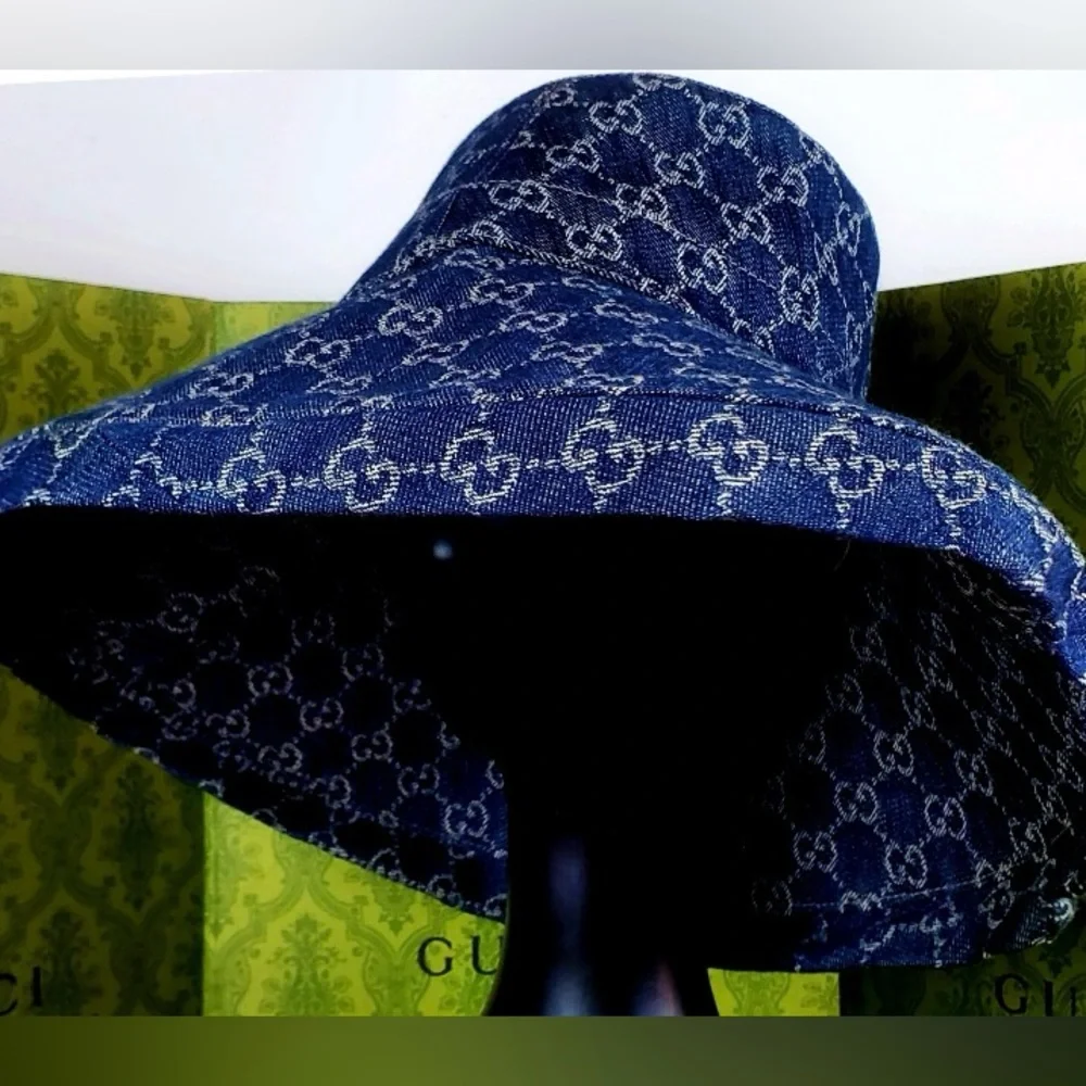 Gucci Bucket Hat GG Monogram Wide Large Brim Jacquard Canvas Denim New - Picture 2 of 11